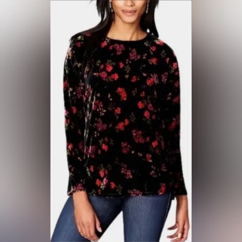 J. Jill Velvet Floral Top Small Petite Black Red Pullover Whimsygoth Romantic